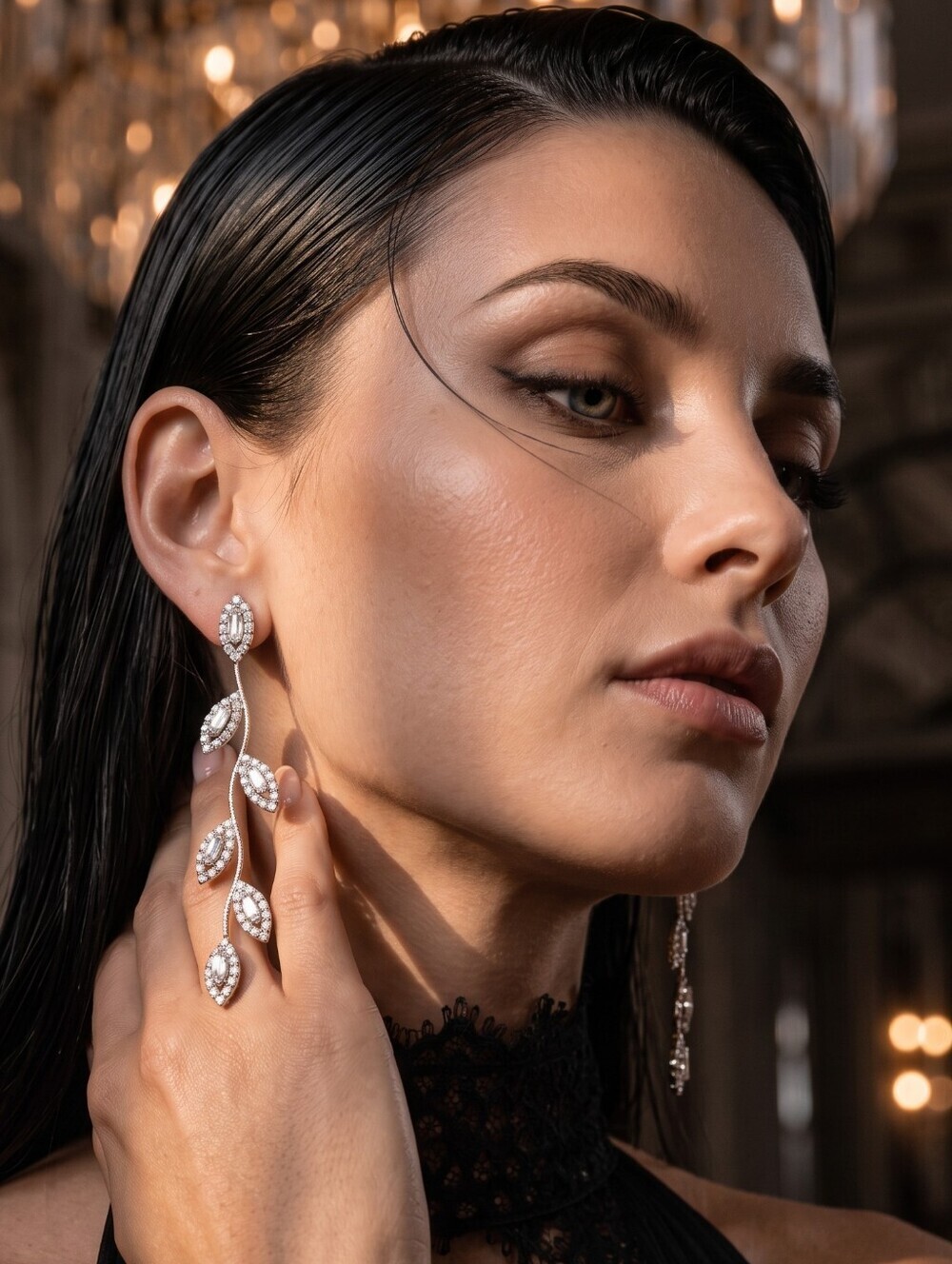 Silver Cubic Zirconia Leaf Vine Chandelier Drop Earrings Bridal Statement 3"
